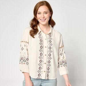 Canyon Retreat Oasis XS embroidered cropped button down linen blend women’s top